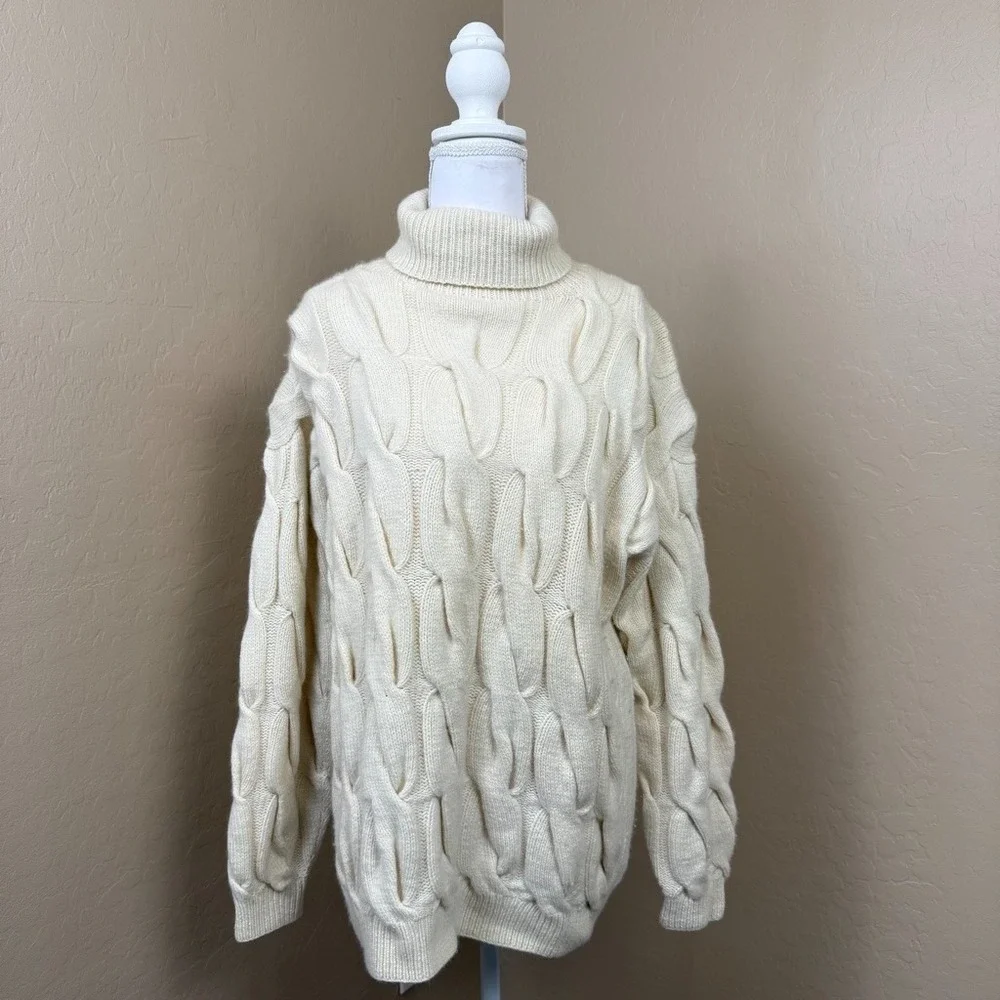 90s Vintage I. Magnin 100% Cashmere Sweater L Cream Cable Knit Turtleneck